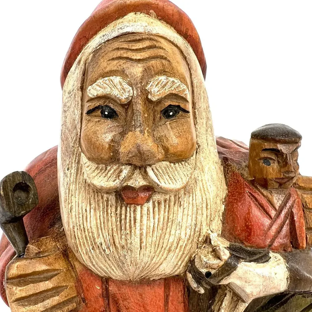 Vintage 80s Solid Wood Hand Carved Primitive Santa with Toy Sack and Pipe